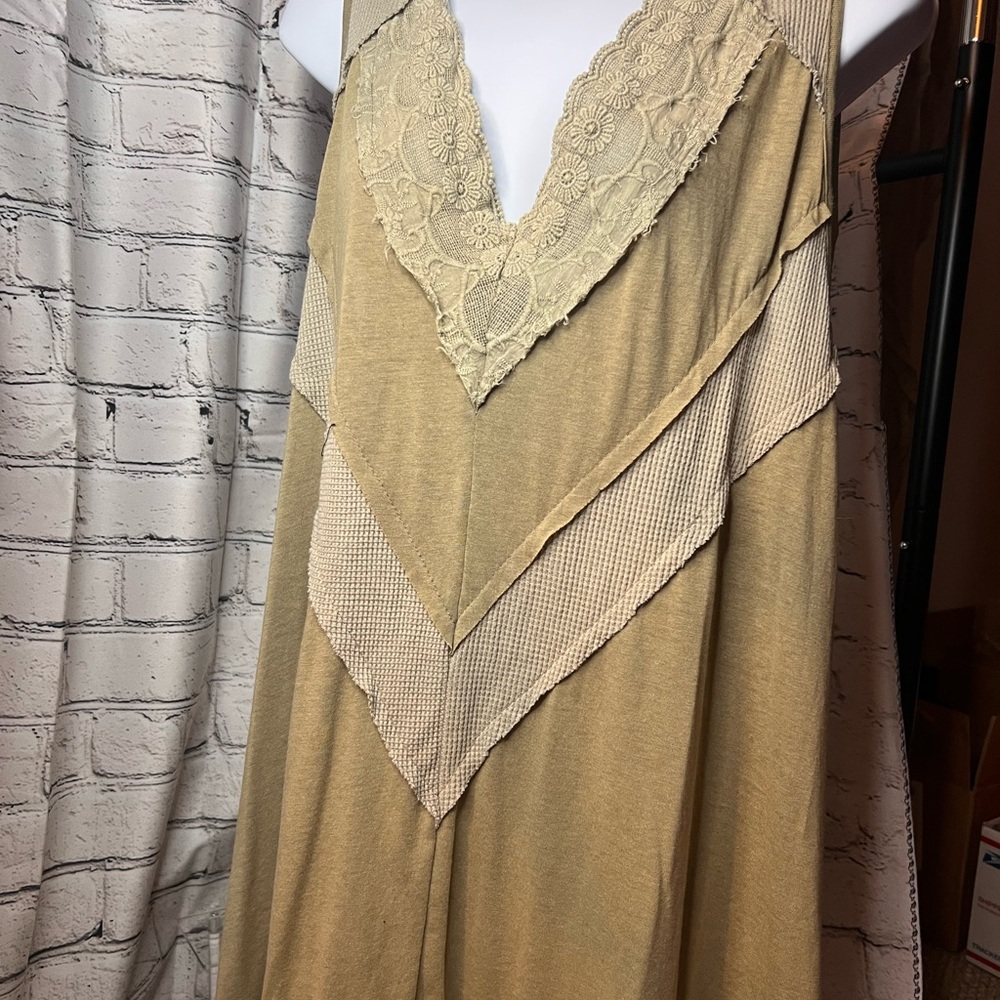 POL Olive Green Textured and Lace Knit Tunic Tank Open Back Button Detail